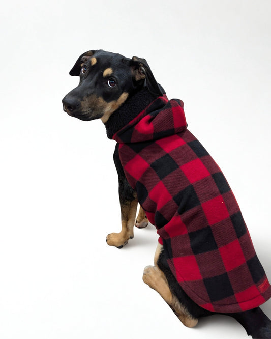Red Buffalo Plaid Dog Hoodie with Black Sherpa Trim - Made to Order
