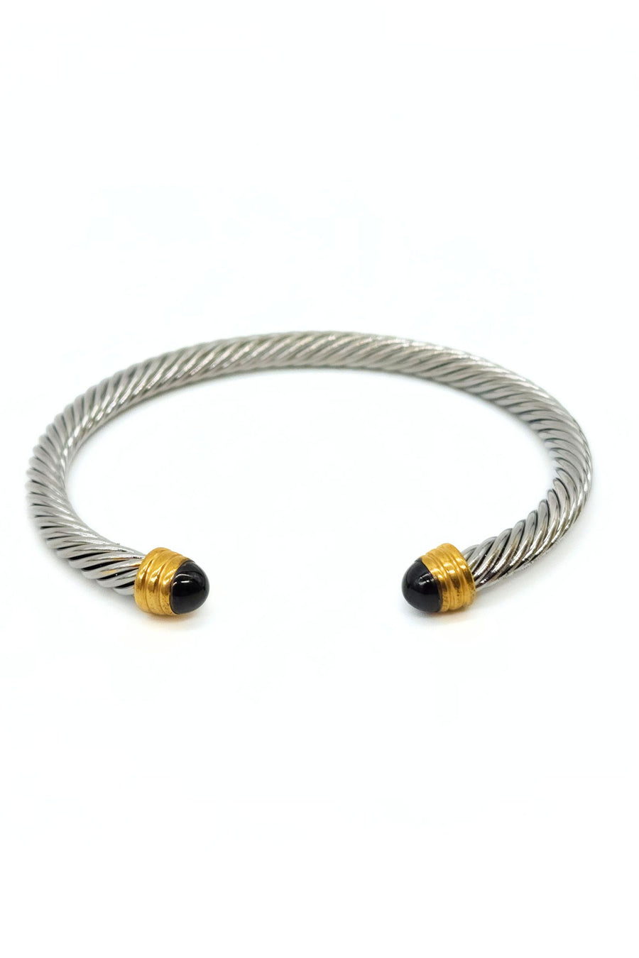 Stainless Steel Rope Cuff Bangle – Black & Gold Accents