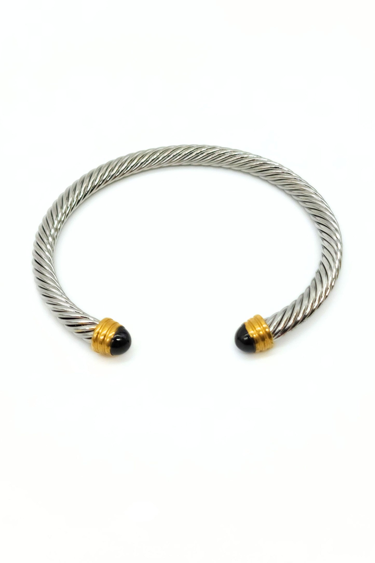 Stainless Steel Rope Cuff Bangle – Black & Gold Accents