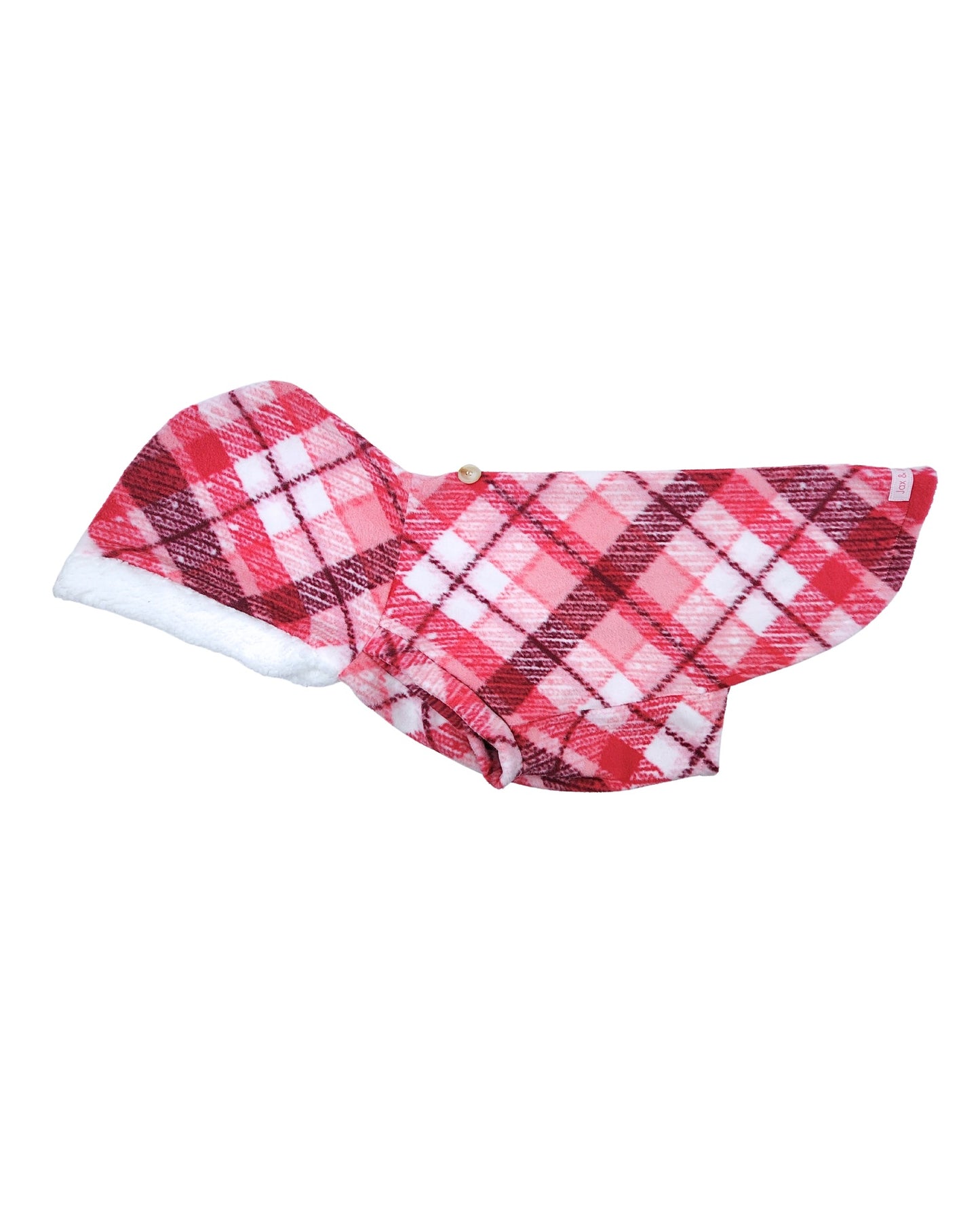 Rose and fuchsia plaid fleece dog sweater with white sherpa-trim hood, flat side view