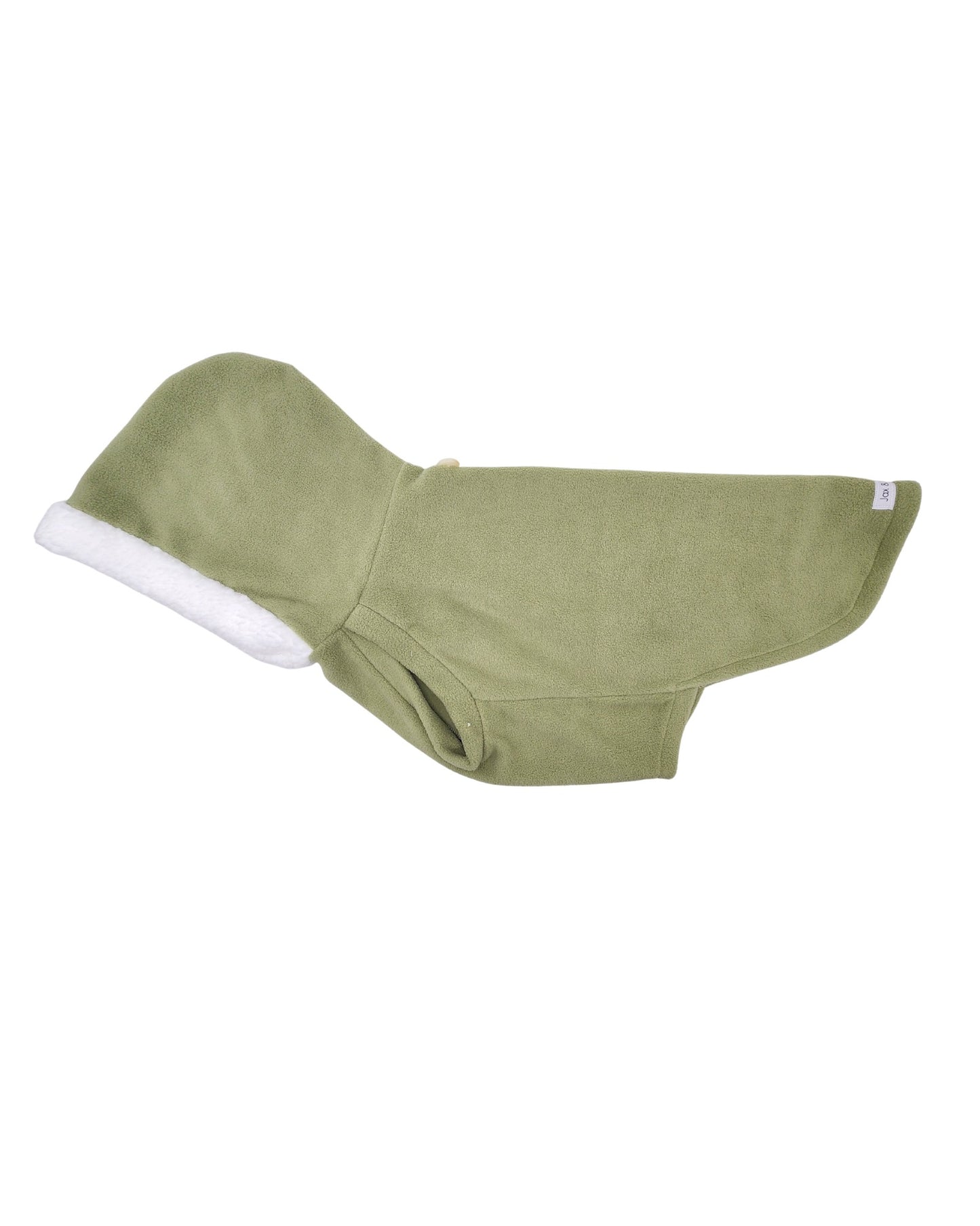 Sage green fleece dog sweater with white sherpa-trim hood flat lay side view