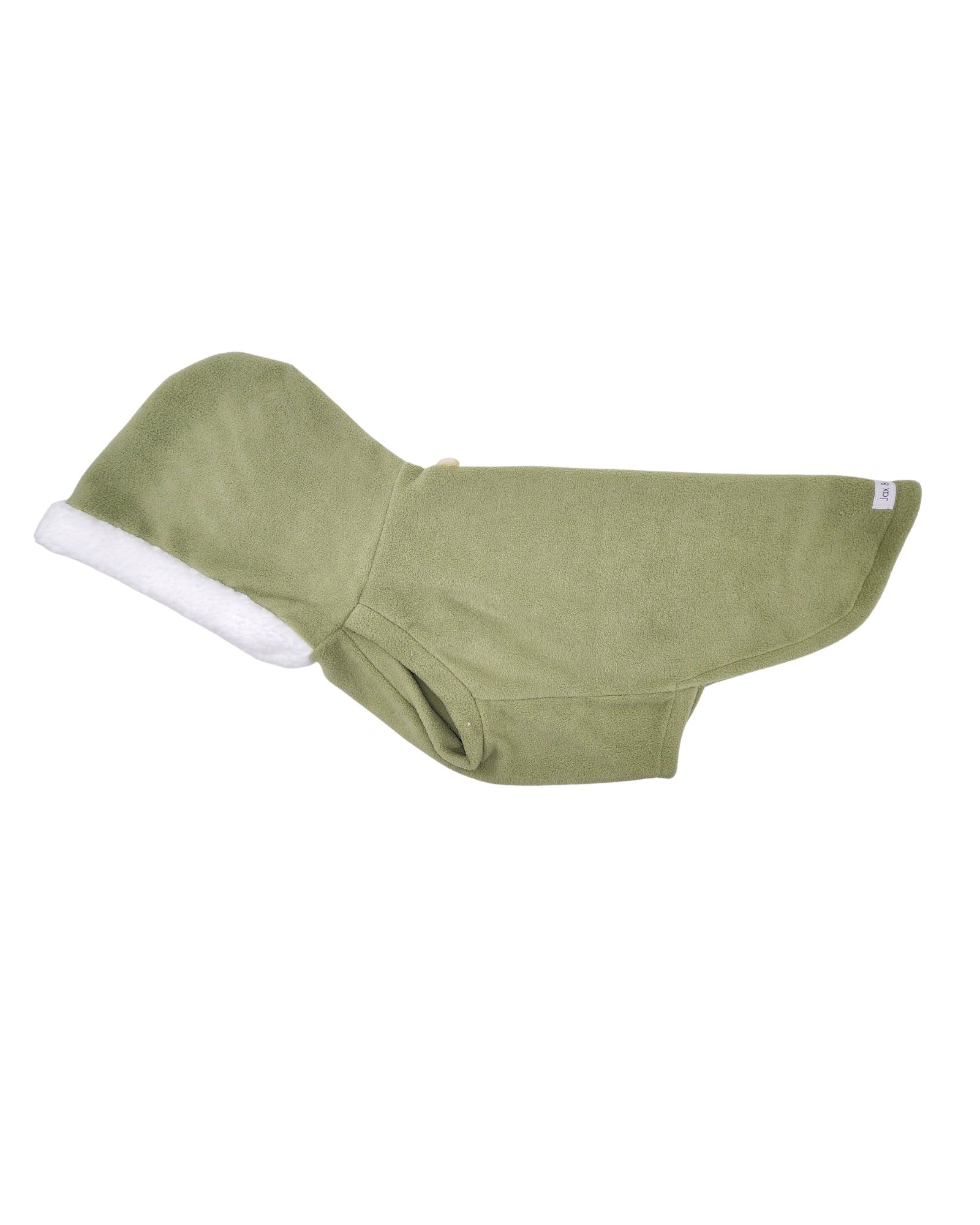 Sage green fleece dog sweater with white sherpa-trim hood flat lay side view