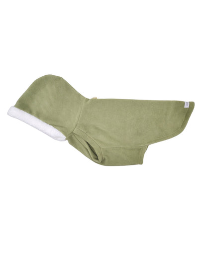 Sage green fleece dog sweater with white sherpa-trim hood flat lay side view