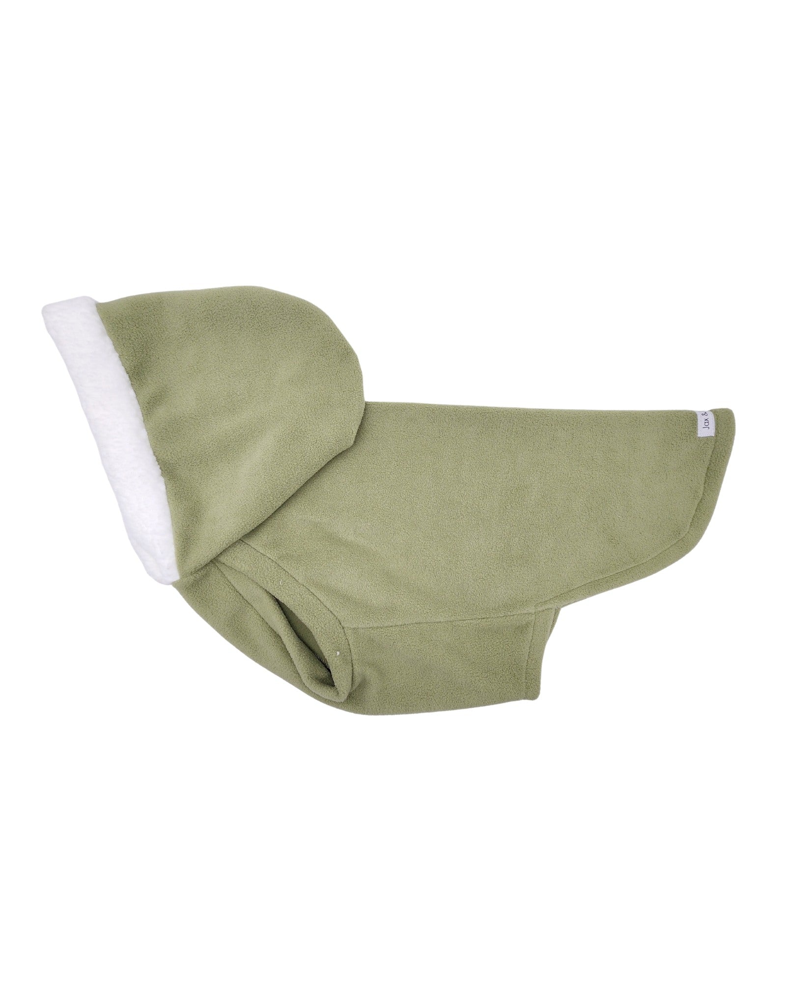 Sage green fleece dog sweater flat lay showing hood and sleeve opening