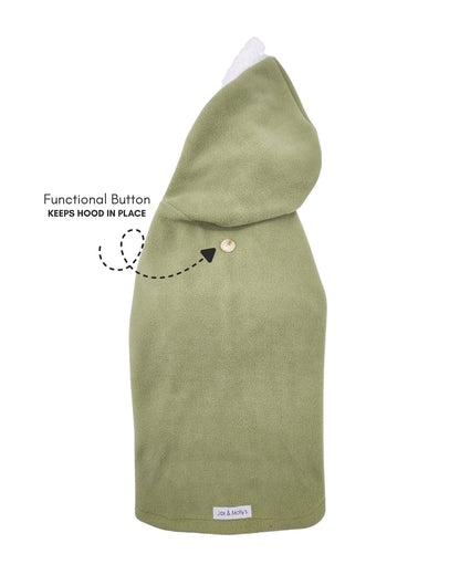 Sage green fleece dog sweater back view with functional hood button detail