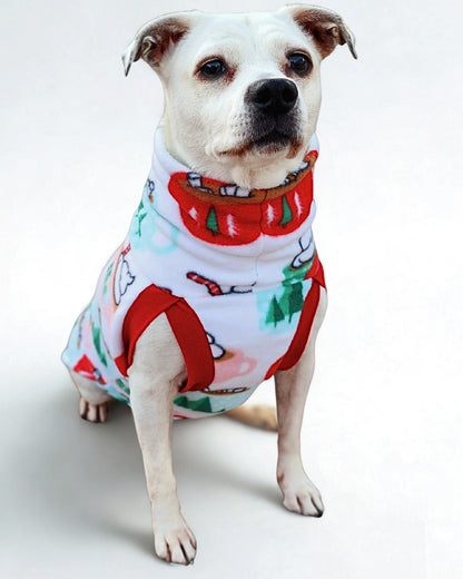 Front profile of a white dog wearing a cute sweater with a print of cocoa mugs adorned with Santa faces and pine trees on white.