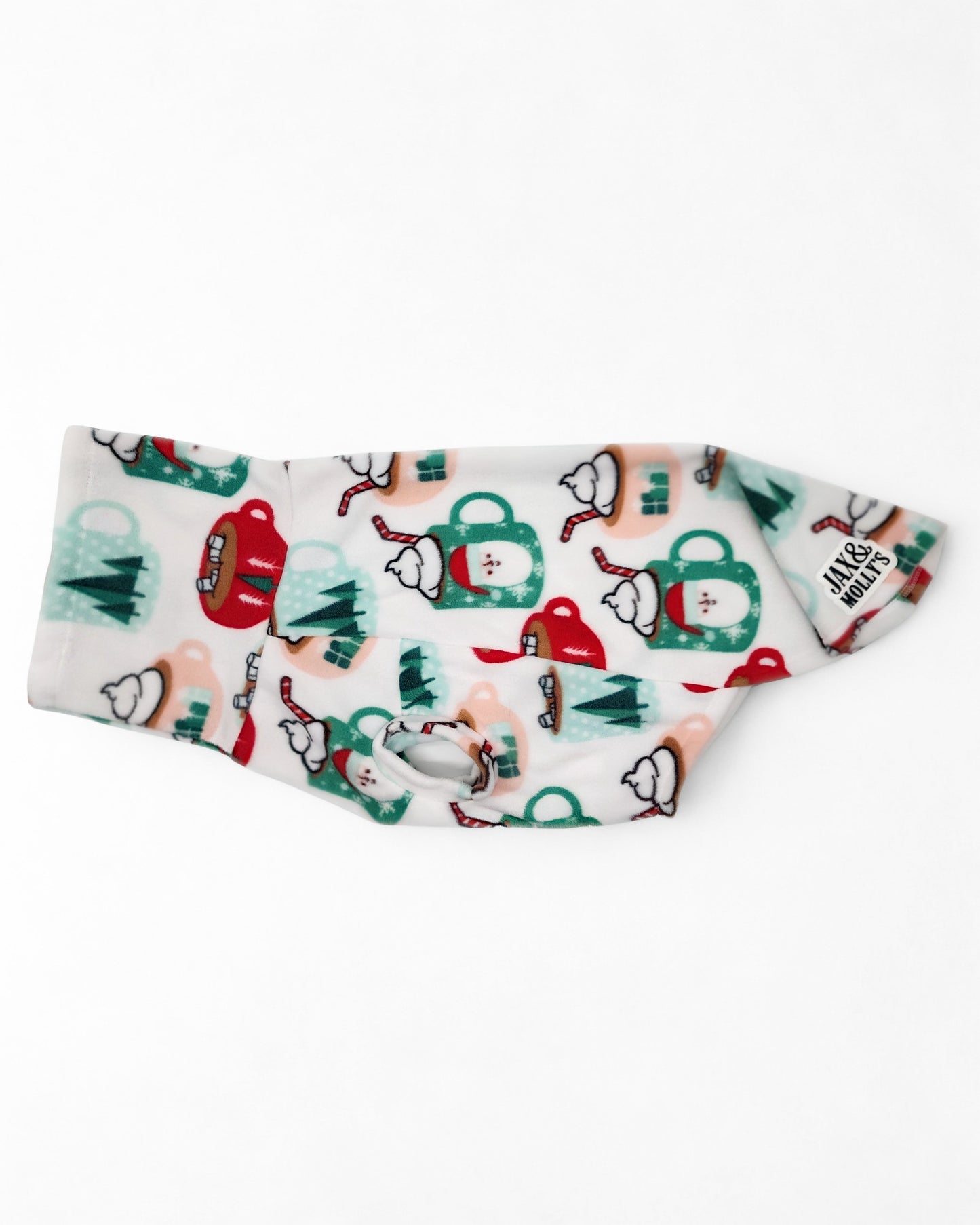Santa Cocoa Mugs Dog Sweater by Jax & Molly’s – festive fleece pullover with turtleneck