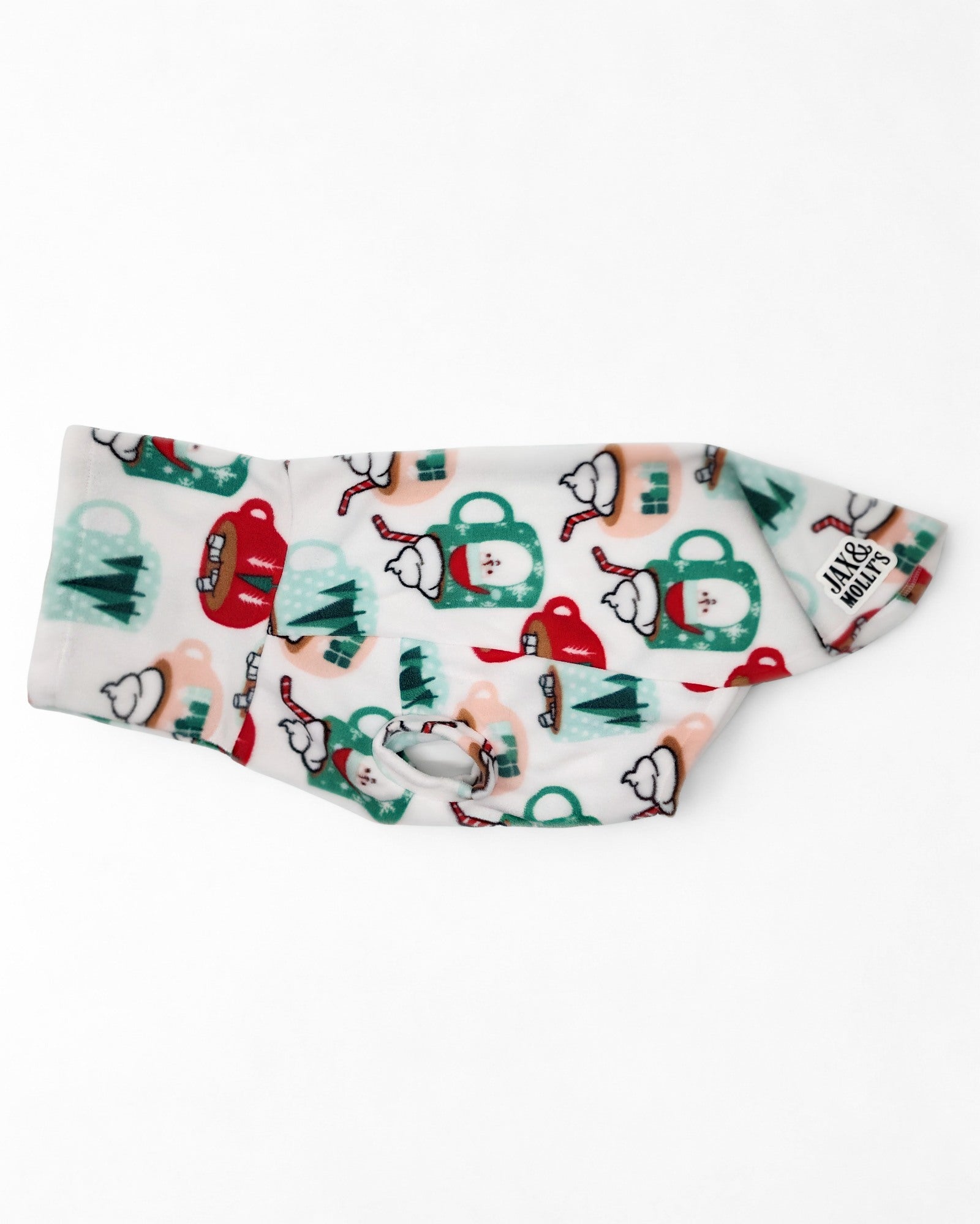 Santa Cocoa Mugs Dog Sweater by Jax & Molly’s – festive fleece pullover with turtleneck