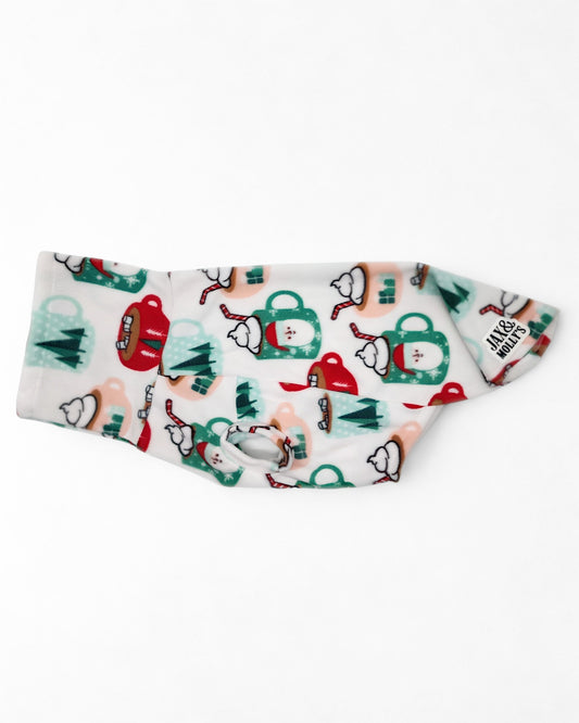 Santa Cocoa Mugs Dog Sweater by Jax & Molly’s – festive fleece pullover with turtleneck