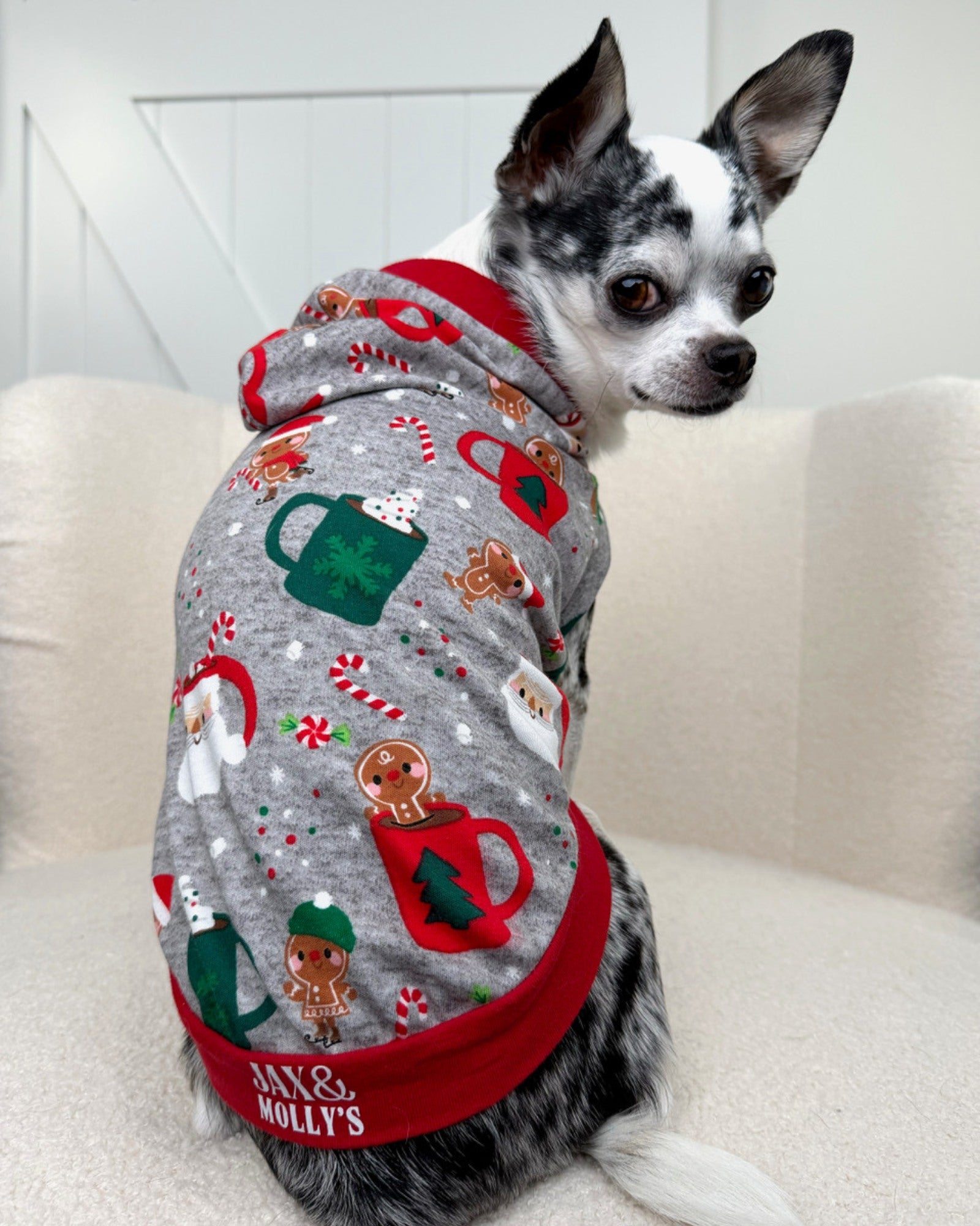 Back view of dog in gray holiday cocoa mug hoodie tank