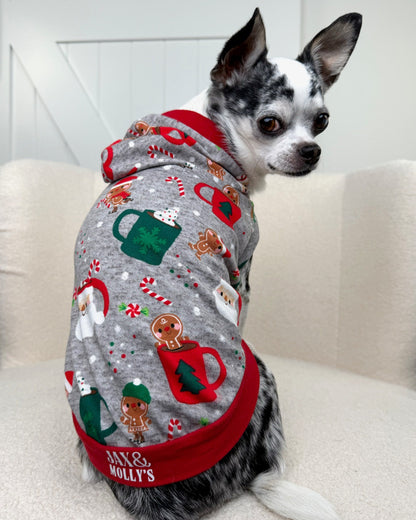 Back view of dog in gray holiday cocoa mug hoodie tank