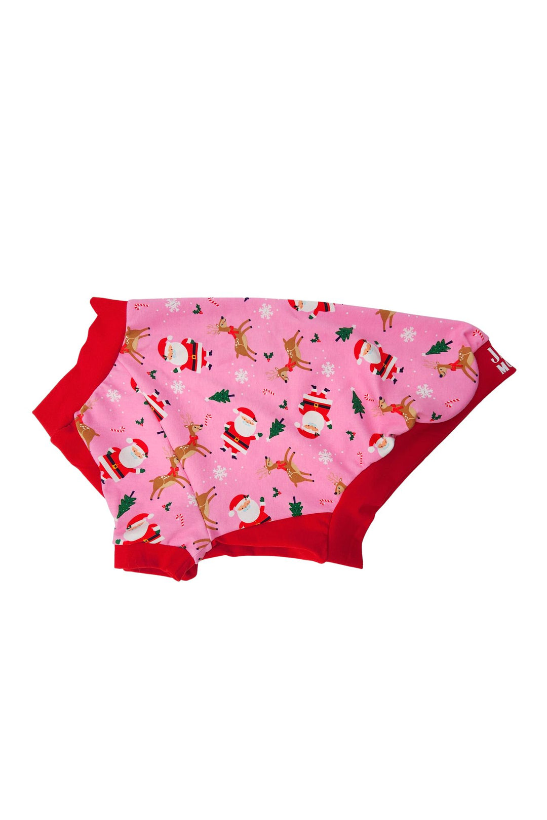 Side profile of Jax & Molly's Santa & Friends Dog Pajamas adorned with an adorable print featuring Santa, deer, pine trees, and other holiday accents set against a delightful pink background.