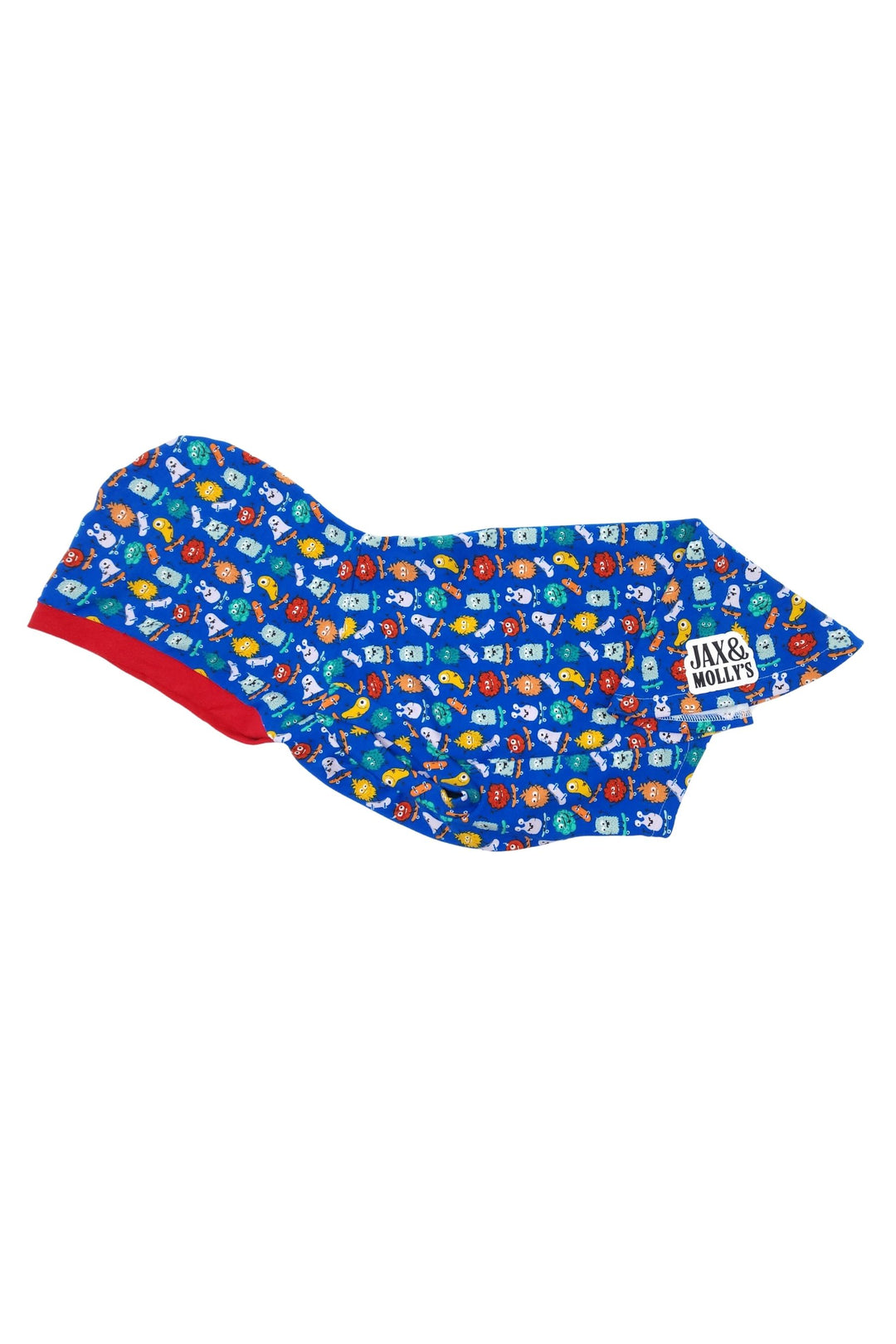Cotton dog hoodie featuring colorful monsters on skateboards on blue fabric
