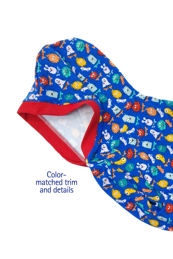 Lightweight dog hoodie with skateboarding monsters print with red accent trim