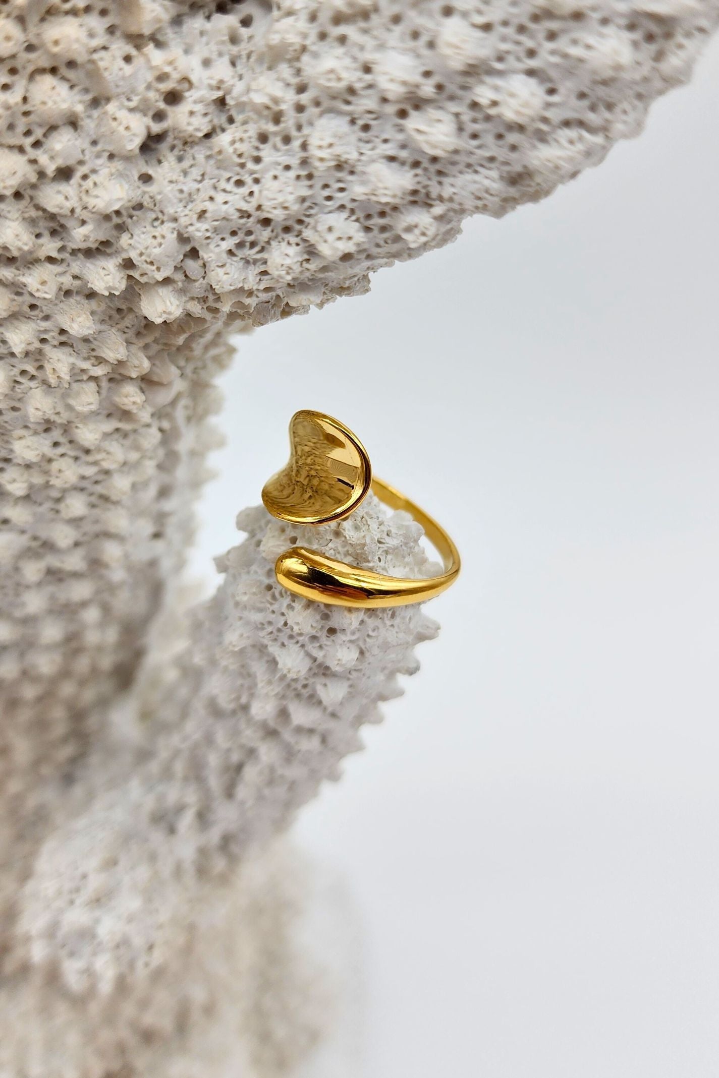 Shiny gold ring with a sleek adjustable design placed on white coral tip.