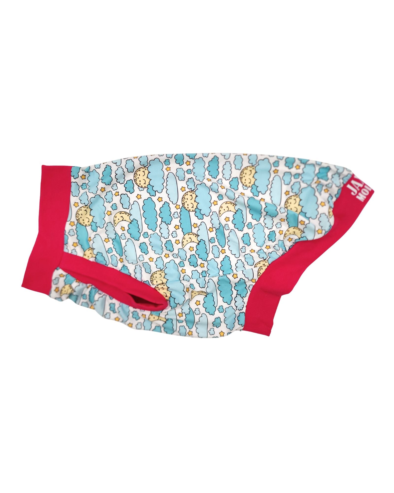 Sleepy Moon dog pajamas with moon and cloud print, side view showing fuchsia trim and stretch fit
