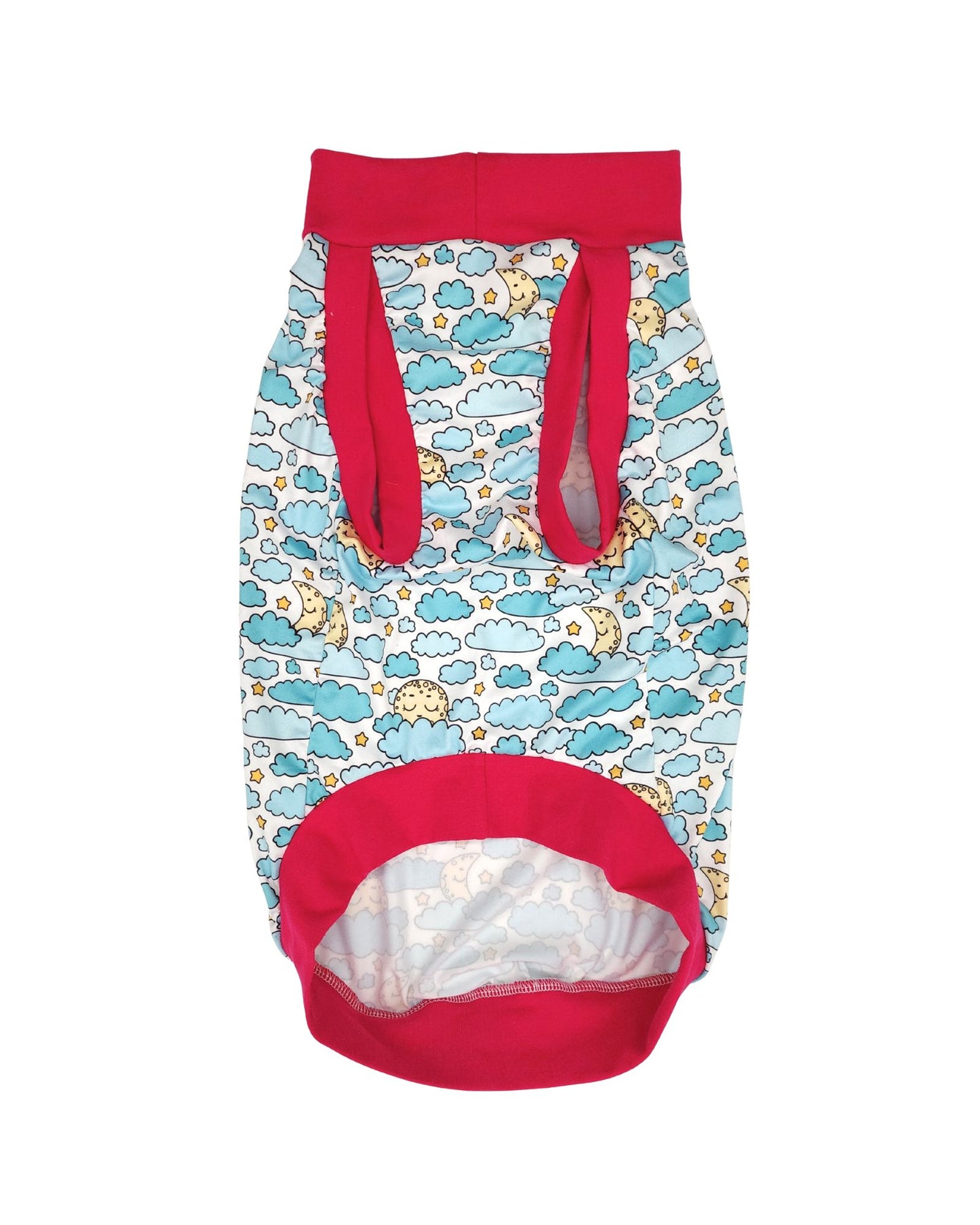 Sleepy Moon dog pajamas front view with four-way stretch fabric and cotton spandex trim
