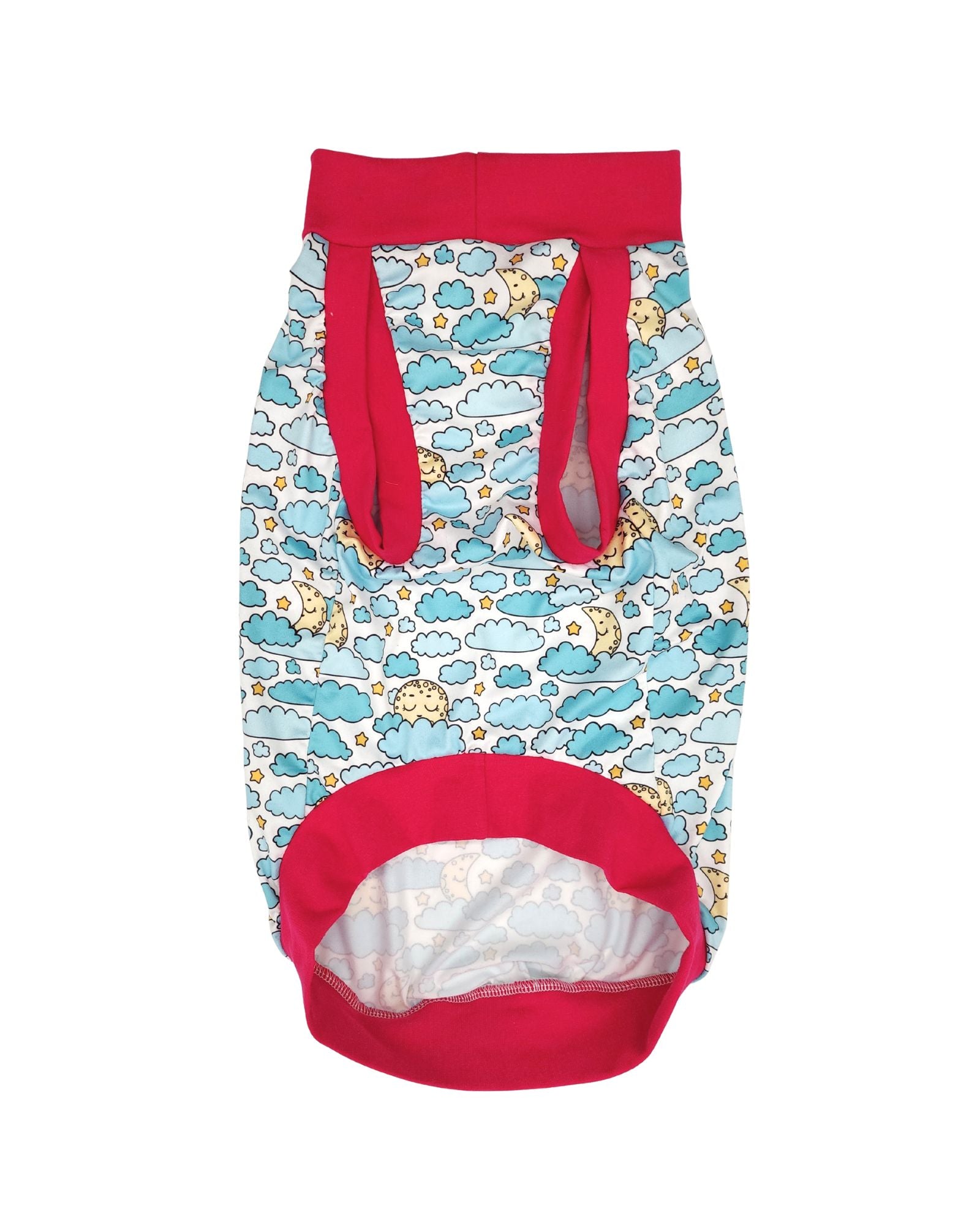 Sleepy Moon dog pajamas front view with four-way stretch fabric and cotton spandex trim