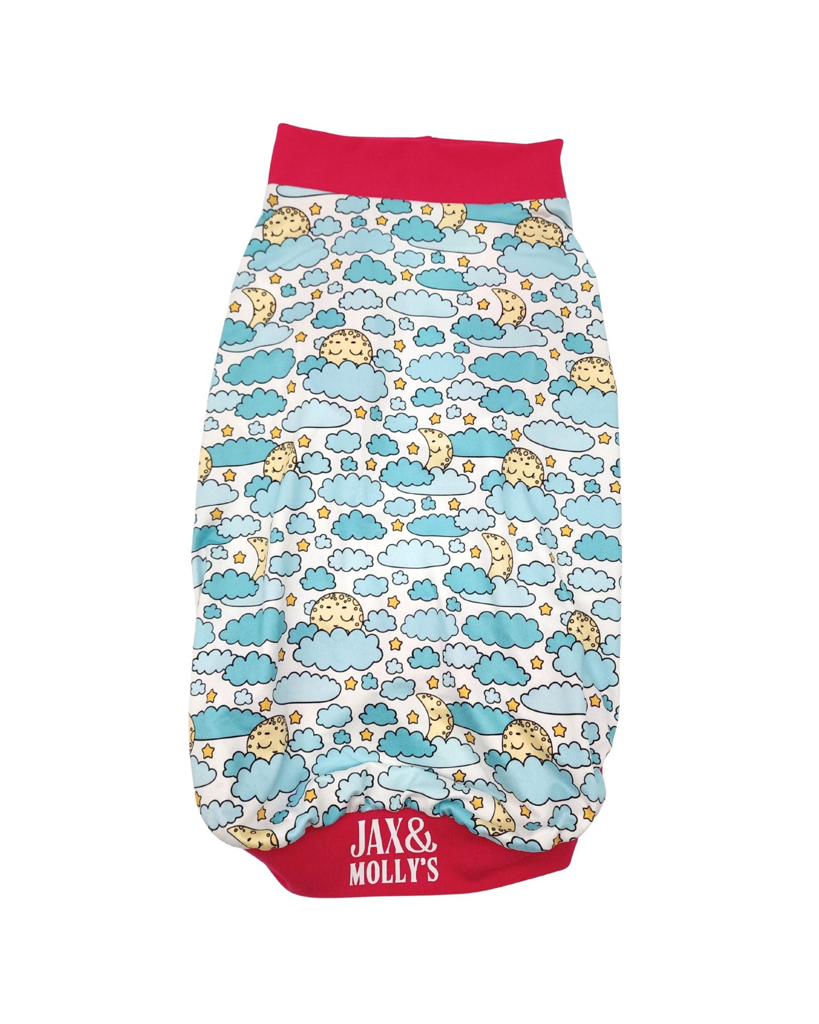 Sleepy Moon dog pajamas back view featuring moon and cloud pattern and classic pajama fit