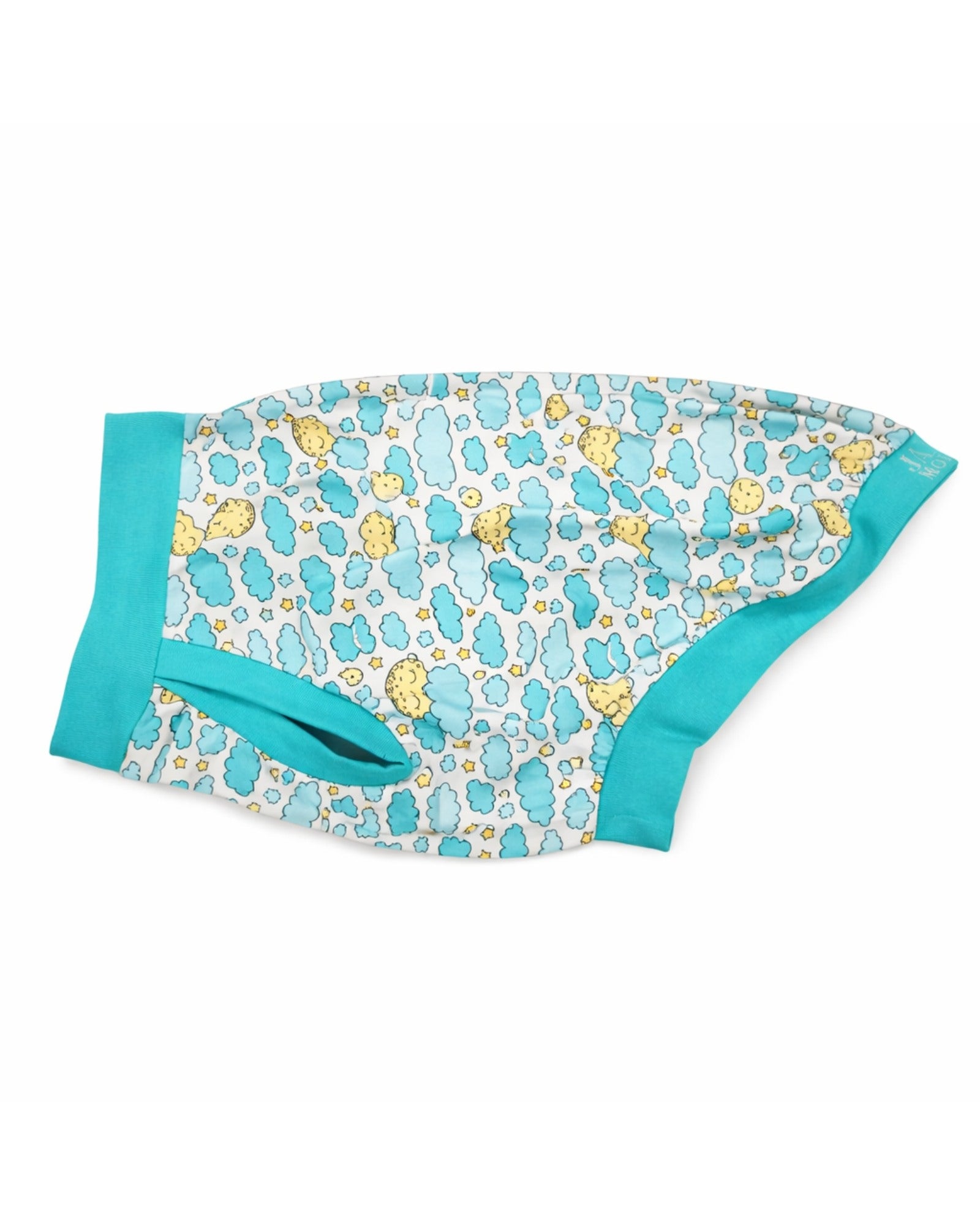 Sleepy Moon dog pajamas with moon and cloud print, side view showing turquoise trim and stretch fit