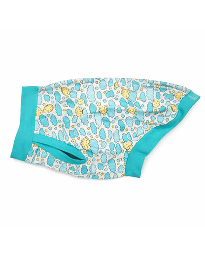 Sleepy Moon dog pajamas with moon and cloud print, side view showing turquoise trim and stretch fit