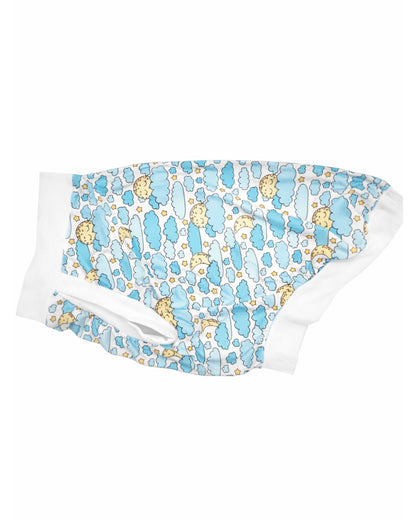 Sleepy Moon dog pajamas with moon and cloud print, side view showing white trim and stretch fit