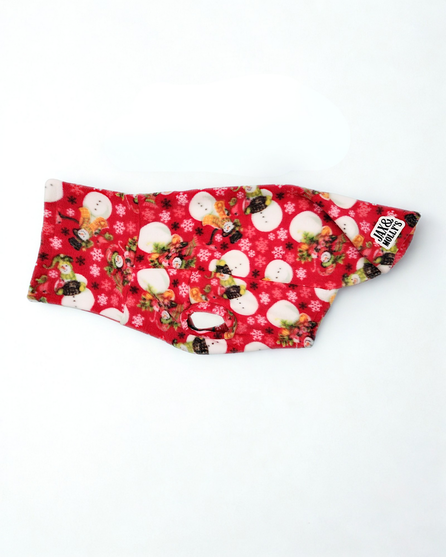 Snowman Wonderland Dog Sweater by Jax & Molly’s – red fleece pullover with snowman print