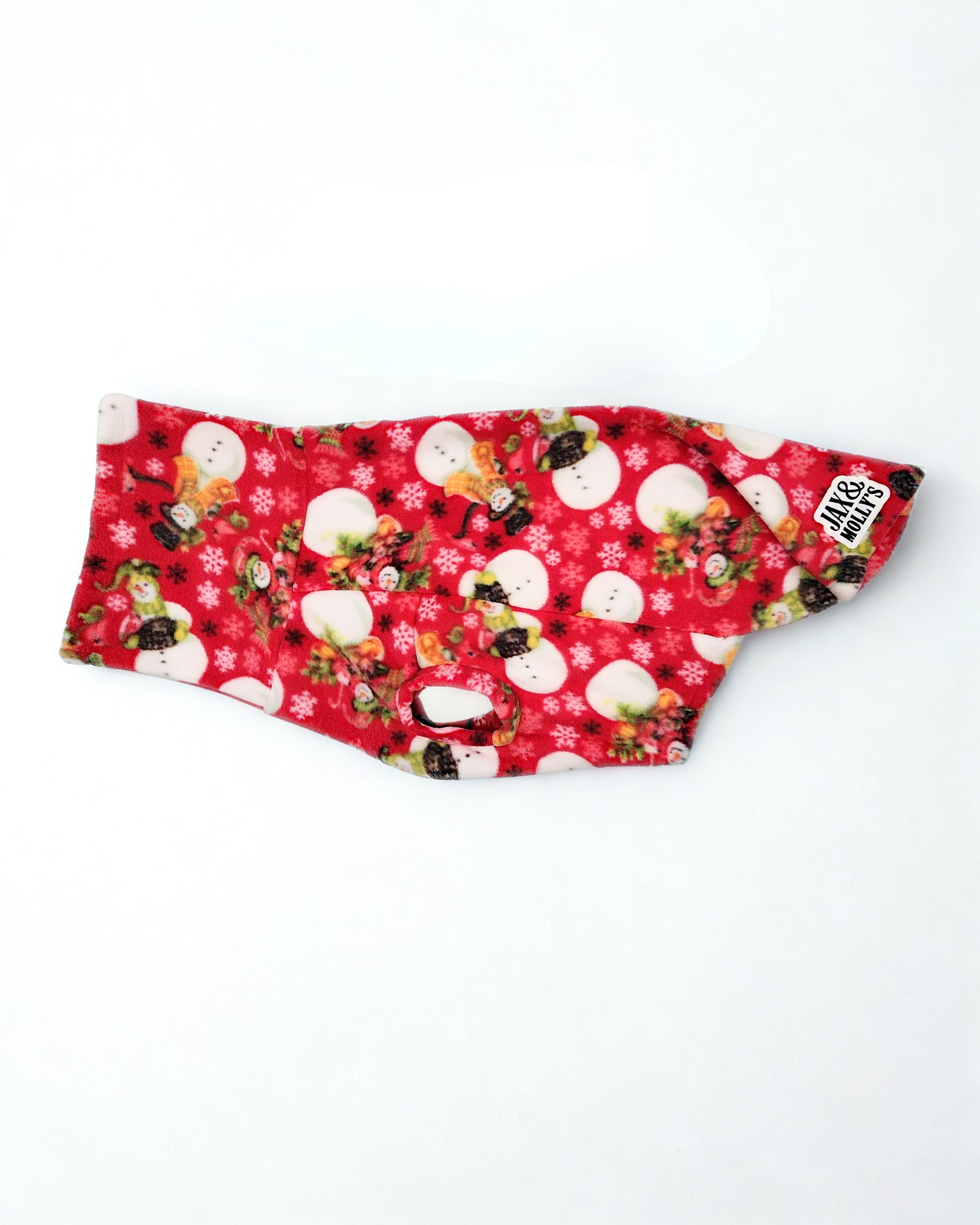 Snowman Wonderland Dog Sweater by Jax & Molly’s – red fleece pullover with snowman print