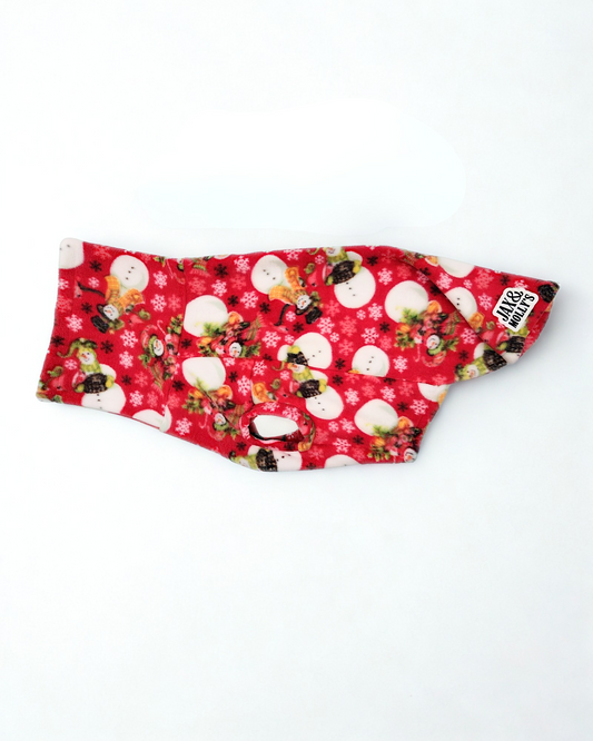 Snowman Wonderland Dog Sweater by Jax & Molly’s – red fleece pullover with snowman print