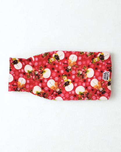 Cozy red snowman dog sweater flat lay – handmade fleece pullover