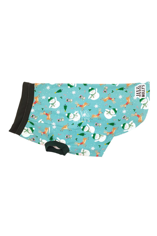 Holiday dog pajamas with snowmen and reindeer