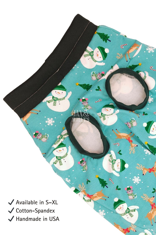 Holiday-themed dog pajamas with gingerbread men, candy canes, and mugs on a gray background.
