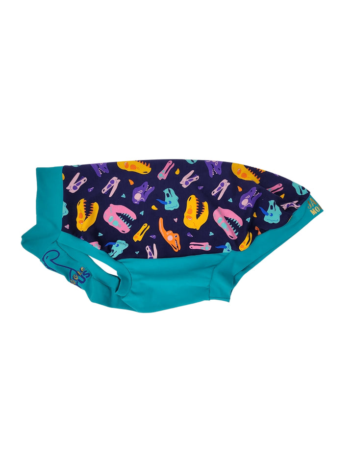 Side view of Jax & Molly's playful 'Snuggle Saurus' dog tank, highlighting the colorful dino print on the back and vibrant jade underbelly.