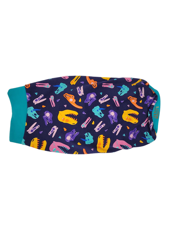 Back view of Jax & Molly's unique 'Snuggle Saurus' dog tank adorned with a playful and vibrant design of colorful skeleton dinosaur heads.