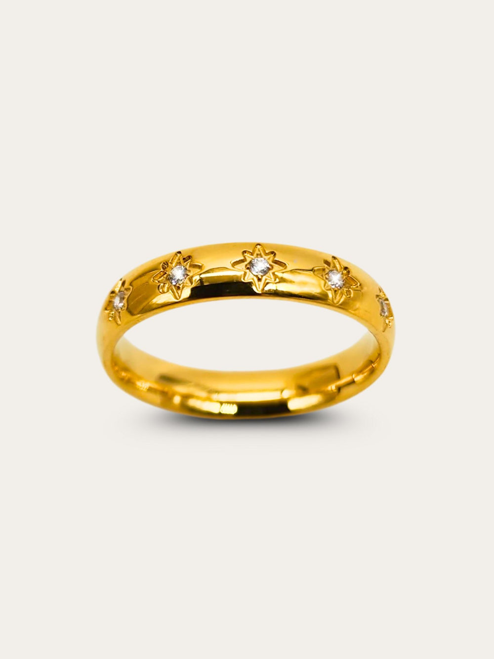 Jax & Molly's 18k PVD Gold Plated Stainless Steel Ring adorned with a Sunburst Design with Gemstones.