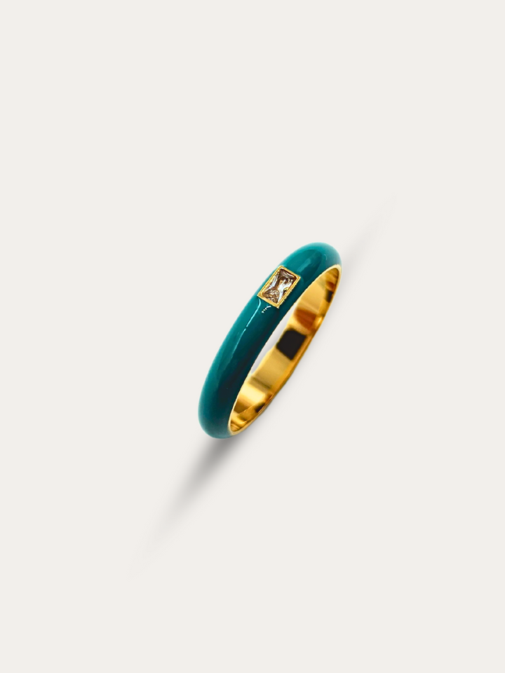 Elegant Teal Enamel Gemstone Ring on a white background, showcasing its 18k PVD Gold Plated stainless steel band with a striking teal enamel finish and a rectangular gemstone.