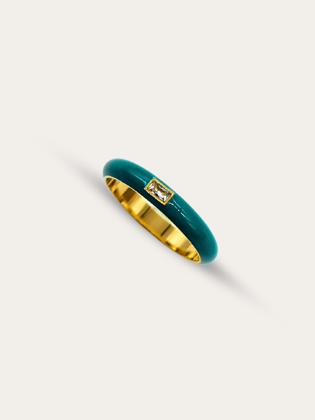 Top view of the Elegant Teal Enamel Gemstone Ring on a white background, emphasizing the sleek modern design and the combination of teal enamel and gold-plated stainless steel.