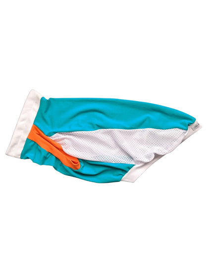 Teal, white, and orange dog sports jersey tank shown from the side