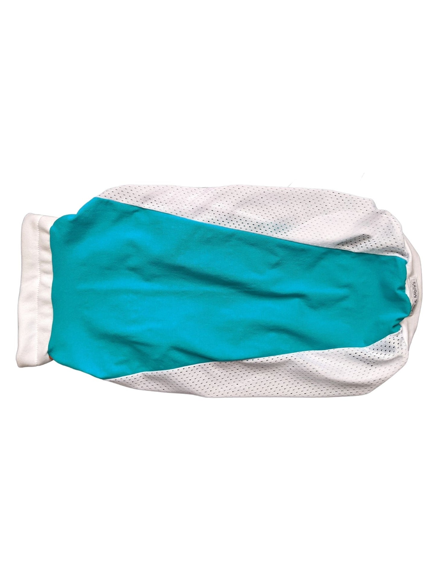 Back view of teal and white dog athletic jersey with mesh panels