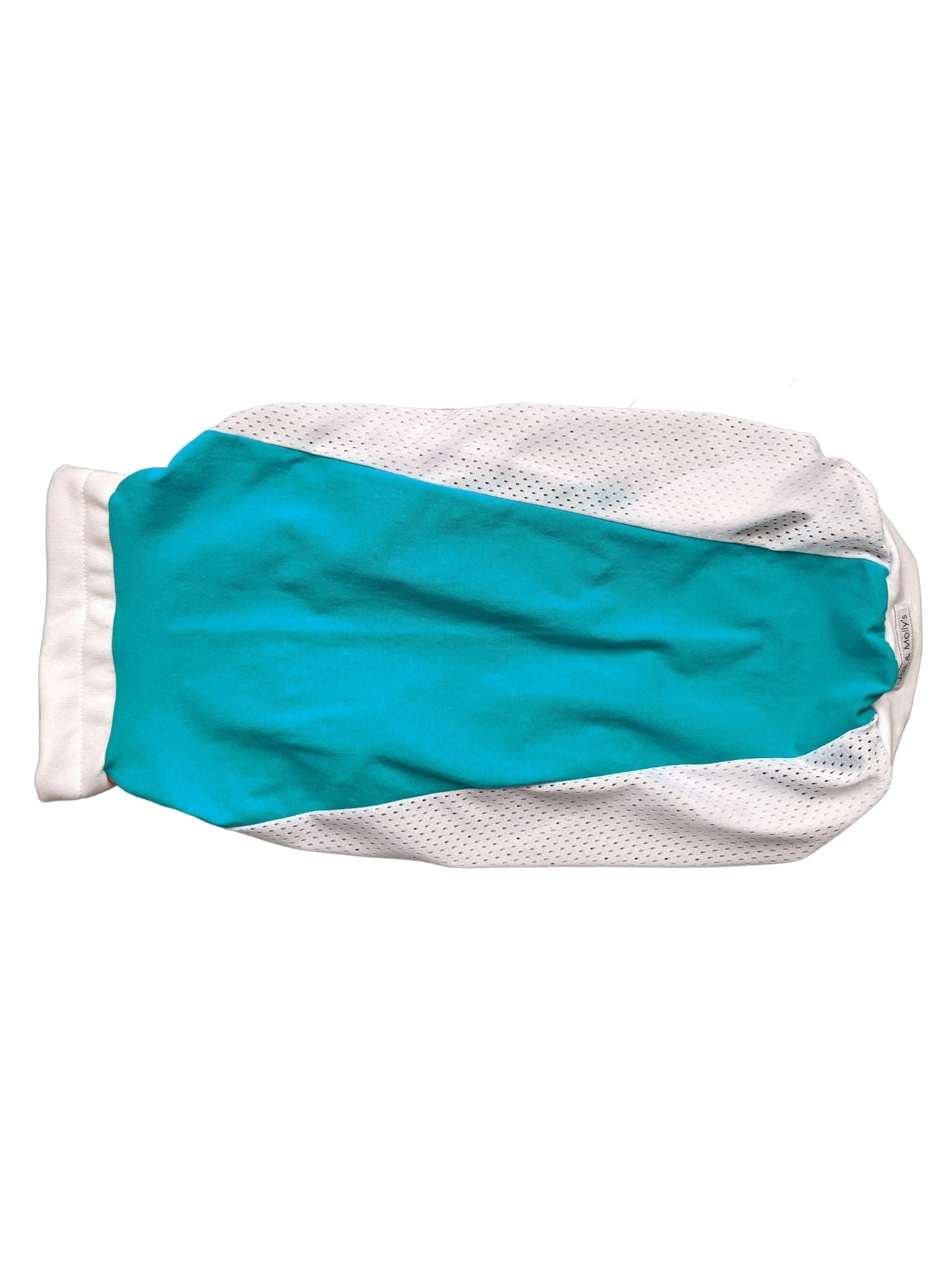 Back view of teal and white dog athletic jersey with mesh panels