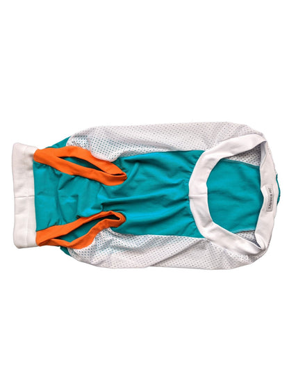Teal dog jersey tank with white mesh and orange trim shown from the front
