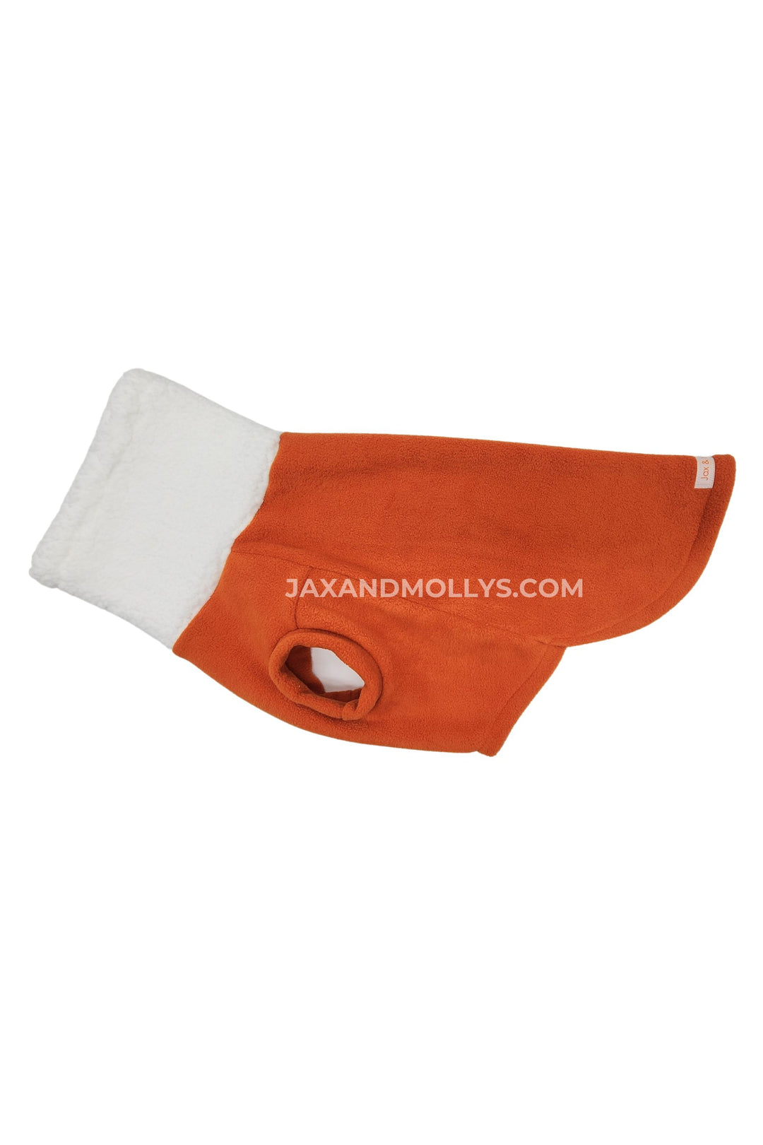 Orange fleece dog sweater with a faux sherpa turtleneck.
