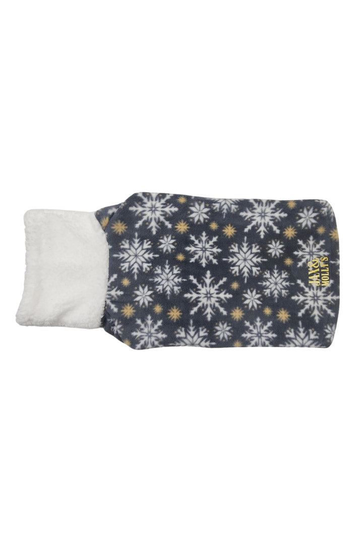 Back view of a Jax & Molly's dog sweater featuring a white and gold snowflake design on a gray background and complimented by a faux sherpa turtleneck. 