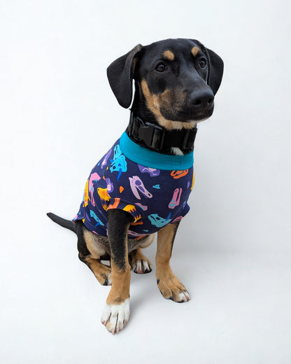 Dog modeling a Jax & Molly's shirt featuring vibrant dinosaur skull print.