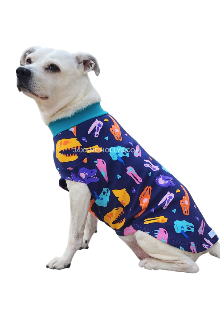 Dog modeling a Jax & Molly's shirt featuring vibrant dinosaur skull print.