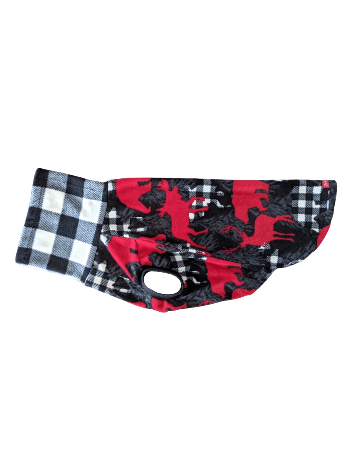 Side profile of a dog sweater with print of bears and moose in red as well as white and black buffalo plaid with a matching buffalo plaid turtleneck.