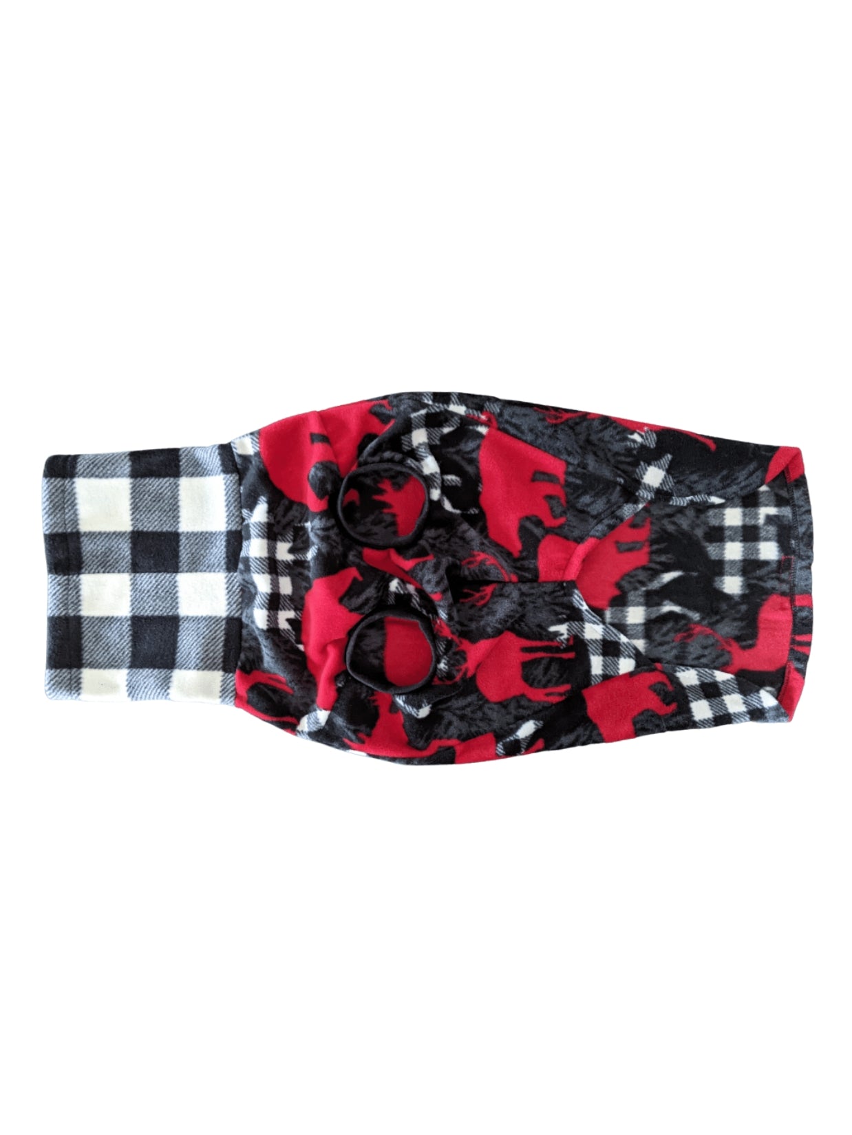 Underbelly view of a dog sweater with print of bears and moose in red as well as white and black buffalo plaid with a matching buffalo plaid turtleneck.