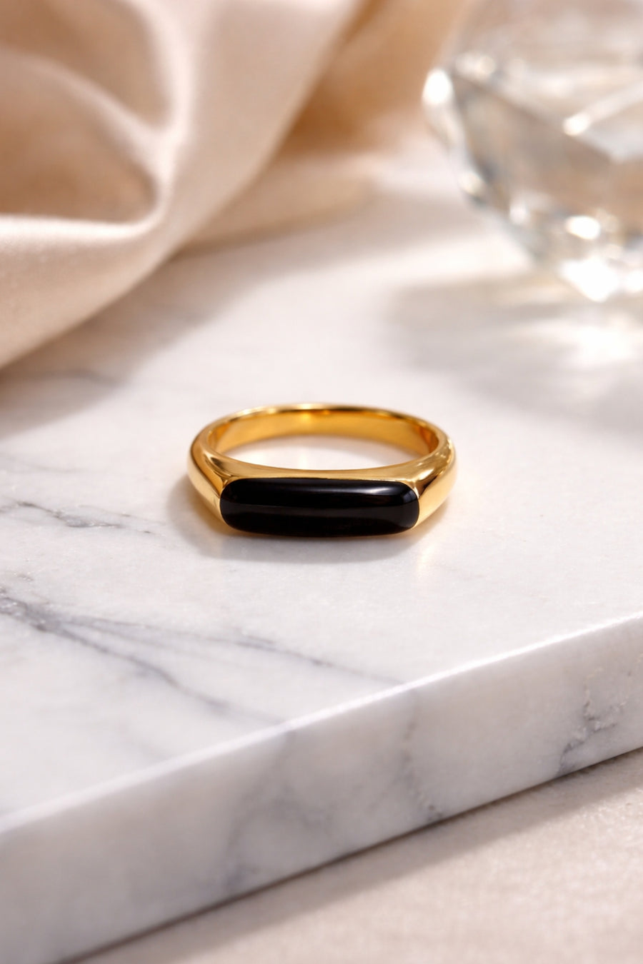 Oblong Raised Black Enamel Gold Ring – 18K PVD Stainless Steel Band