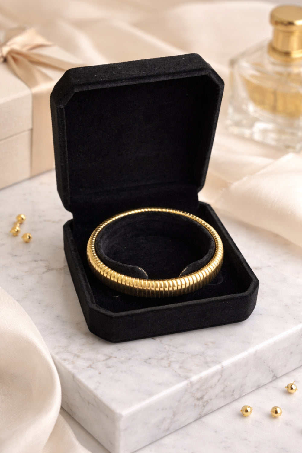 gold snake chain stainless steel bangle bracelet in black jewelry box gift ready presentation