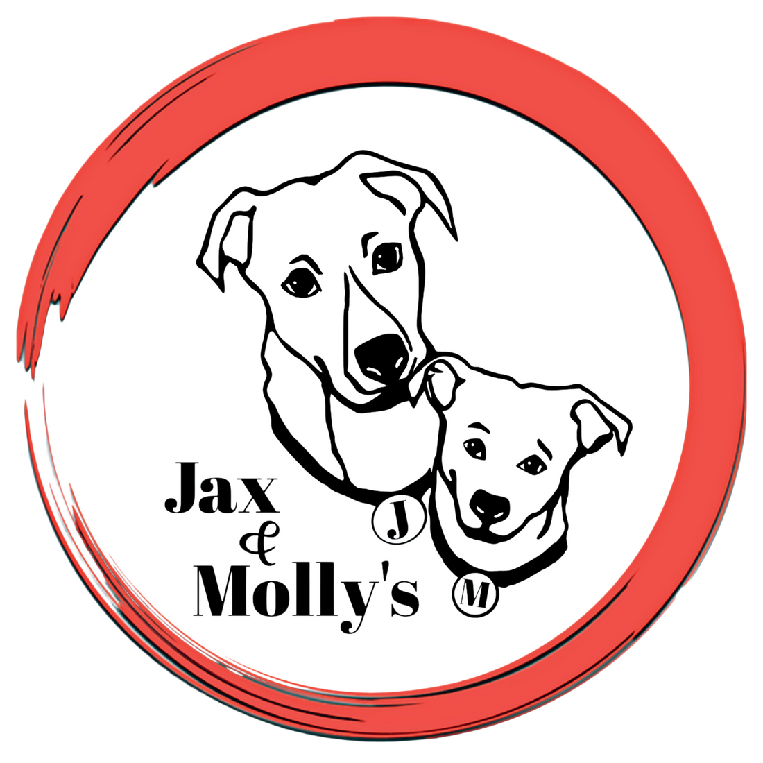 Jax & Molly's logo featuring an outline of two dogs with the brand's name on the bottom left enclosed in a red circle.